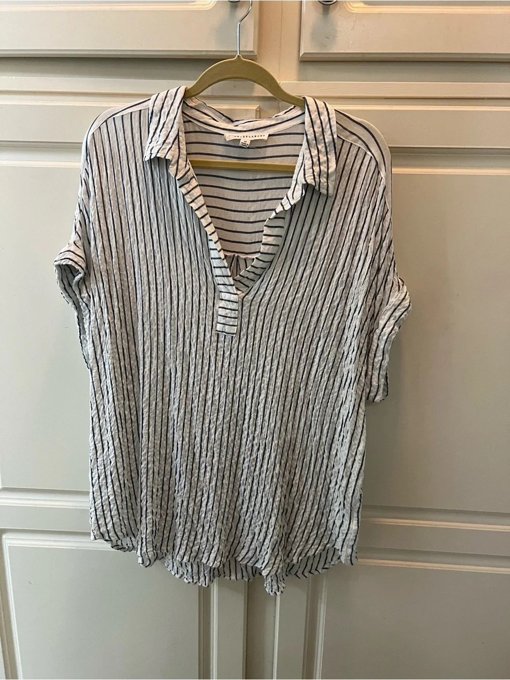 Jane and Delancey White Top with Blue Pinstripes V-Neck Tunic. 1x - Picture 1 of 6